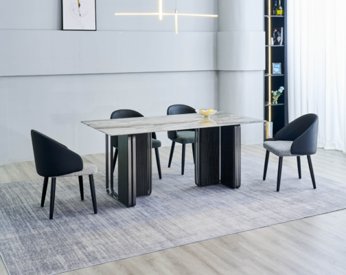 Muebles de comedor de lujo, mesa de comedor de diseñador con 6 sillas de cuero sintético, conjunto de 7 piezas.