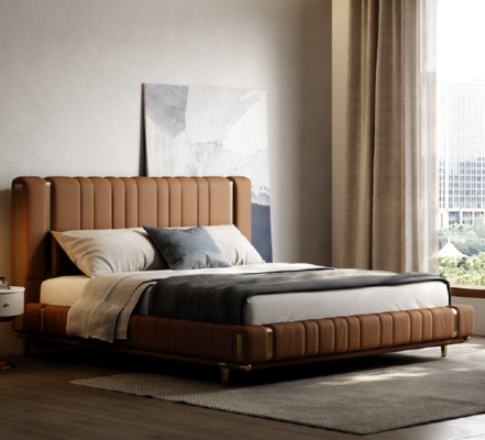Cama doble marrón de lujo para dormitorio moderna con estructura de madera.