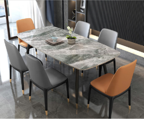 Mesa de comedor de lujo con 6 sillas de cuero artificial de diseñador Conjunto de comedor elegante