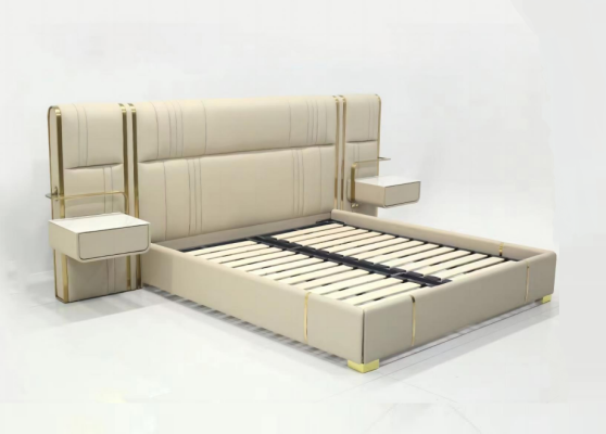 Dormitorio beige cama doble con cabecera grande camas de madera de diseñador.