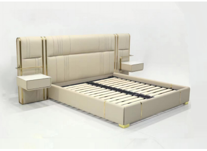 Dormitorio beige cama doble con cabecera grande camas de madera de diseñador.