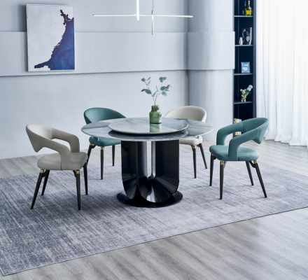 Conjunto de comedor moderno, mesa redonda de diseñador, 4 sillas, juego de comedor de 5 piezas.