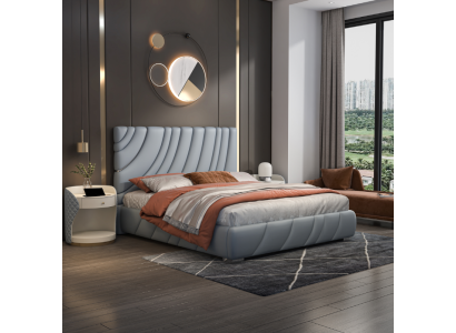 Cuero artificial gris Cama doble moderna Cama de acero inoxidable de lujo Estructura de madera