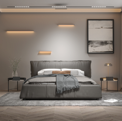 Dormitorio gris Cama de diseño Cama doble Estructura de madera Cama de cuero nueva