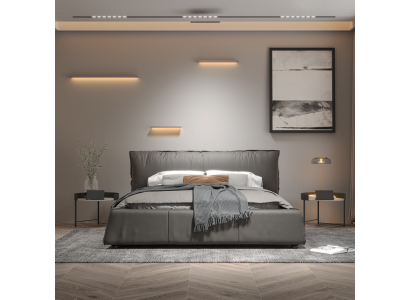 Dormitorio gris Cama de diseño Cama doble Estructura de madera Cama de cuero nueva
