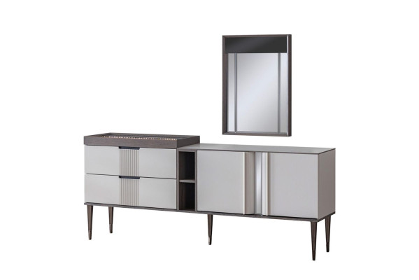 Juego de comedor de lujo con mesa de comedor, 4 sillas y aparador con espejo, nuevo conjunto.