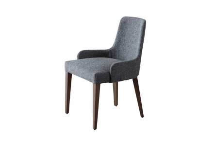 Exclusiva silla gris con patas de madera marrón diseño novedoso para comedor.