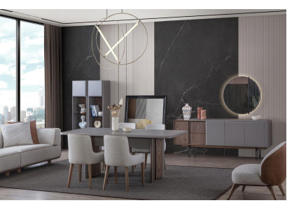 Conjunto de comedor que consta de mesa de comedor, 4 sillas y aparador con espejo de 7 piezas.