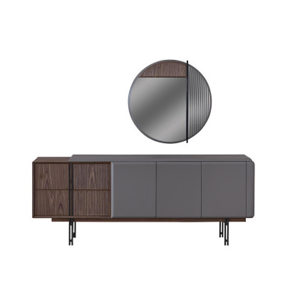 Conjunto de comedor que consta de mesa de comedor, 4 sillas y aparador con espejo de 7 piezas.