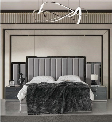 Conjunto de dormitorio completo con cama doble, mesitas de noche y armario en gris (4 piezas).