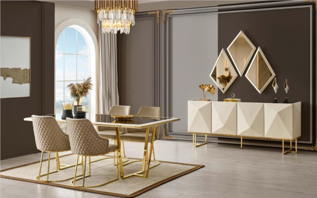 Mesa de comedor de lujo con sillas beige, conjunto de comedor de 11 piezas.