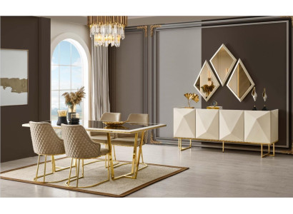Mesa de comedor de lujo con sillas beige, conjunto de comedor de 11 piezas.