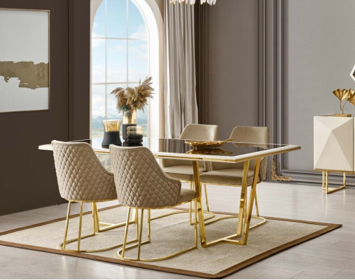 Mesa de comedor de lujo con sillas beige, conjunto de comedor de 11 piezas.