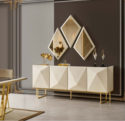 Mesa de comedor de lujo con sillas beige, conjunto de comedor de 11 piezas.