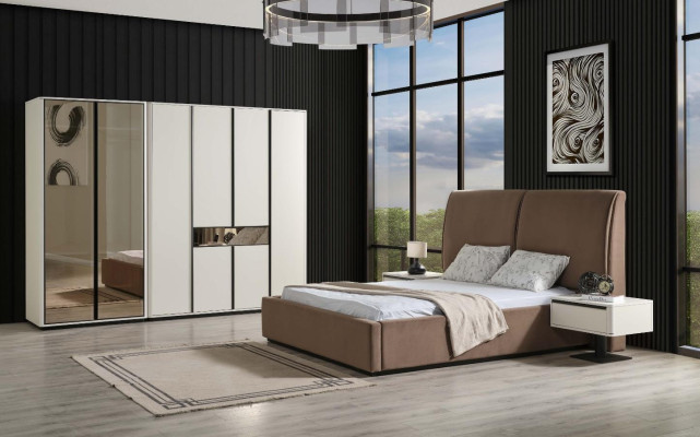 Juego de dormitorio Cama doble Mesitas de noche 4 piezas Beige Armario