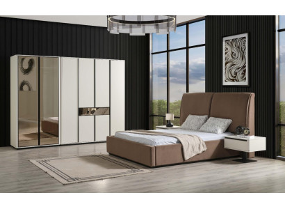 Juego de dormitorio Cama doble Mesitas de noche 4 piezas Beige Armario