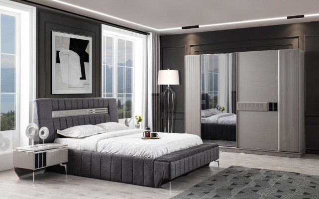 Juego de dormitorio cama doble cama mesitas de noche 4 piezas gris armario
