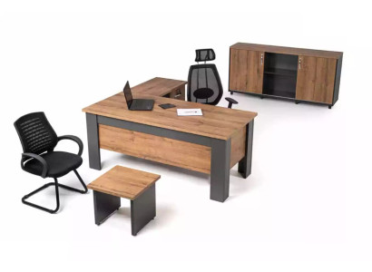 Juego de oficina marrón, conjunto completo de muebles de oficina, escritorio, armario y escritorio en esquina.