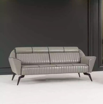 Graue sofá de cuero de tres plazas, muebles de oficina de diseñador, muebles de madera de lujo.