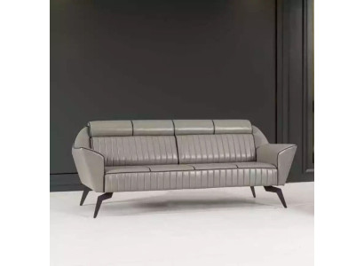Graue sofá de cuero de tres plazas, muebles de oficina de diseñador, muebles de madera de lujo.