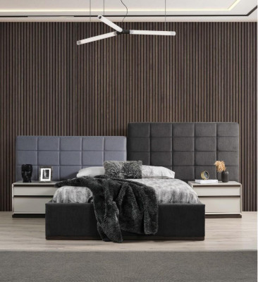 Conjunto de cama de dormitorio Cama doble Cama Mesitas de noche 3 piezas Gris Moderno