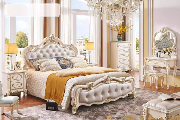Conjunto de dormitorio cama 2 mesitas de noche tocador taburete cómoda 6 piezas de lujo