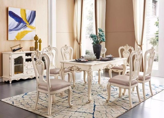 Comedor conjunto de muebles para su interior, muebles clásicos en blanco perla de 8 piezas.