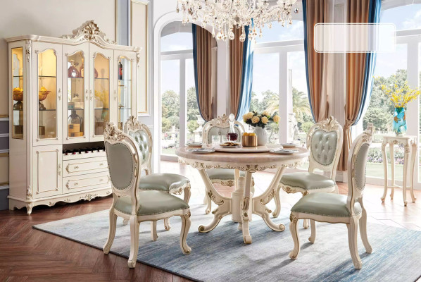 Conjunto de comedor de 7 piezas en madera, muebles clásicos, mesa de comedor + 6 sillas de lujo.