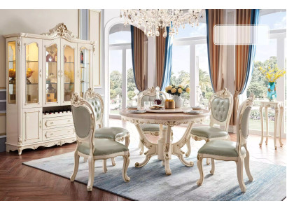 Conjunto de comedor blanco perla Mesa de comedor 6 sillas Vitrina Juego de lujo de 8 piezas
