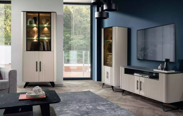 Vitrina de sala de estar moderna y lujosa en beige, armario de cristal, armarios.