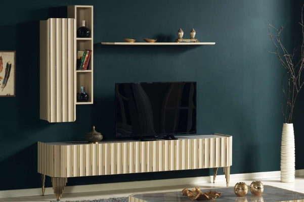 Conjunto moderno de 3 piezas de muebles de sala de estar, soporte de TV de diseñador, estante, armario de pared.