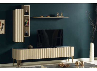 Conjunto moderno de 3 piezas de muebles de sala de estar, soporte de TV de diseñador, estante, armario de pared.