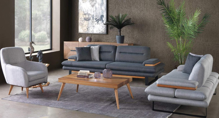 Conjunto moderno de sala de estar de 3 piezas. Sofá gris de 3+2+1 plazas.