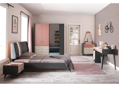 Dormitorio 6 piezas Cama Mesita de noche Armario Cómoda Espejo Escritorio