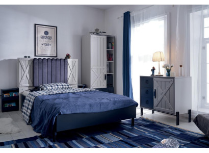 Lujo moderno azul set de dormitorio cama cómoda estante de libros madera nuevo 3 piezas.