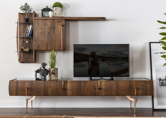 Mueble de salón, soporte para TV, aparador, juego de muebles marrón de madera con estantes.