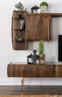 Mueble de salón, soporte para TV, aparador, juego de muebles marrón de madera con estantes.