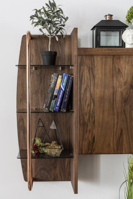 Mueble de salón, soporte para TV, aparador, juego de muebles marrón de madera con estantes.