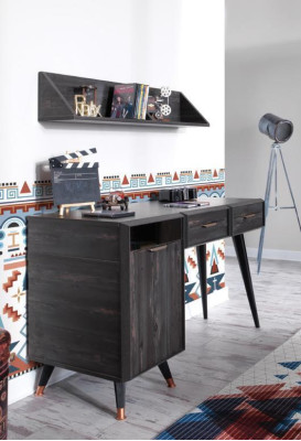 Muebles de oficina modernos en negro, escritorio, estante de madera, diseño elegante, nuevo.