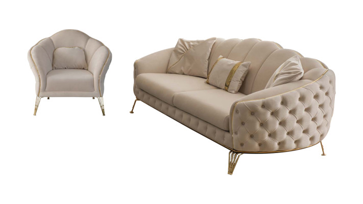 Conjunto de sala de estar beige moderno: sofá de 3 plazas y sillón de tela.