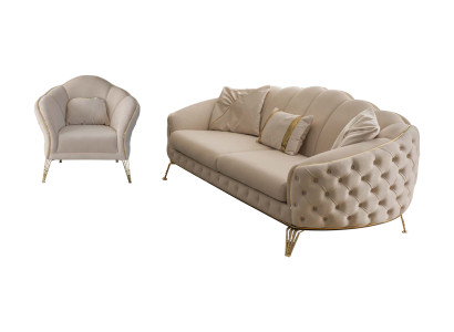 Conjunto de sala de estar beige moderno: sofá de 3 plazas y sillón de tela.