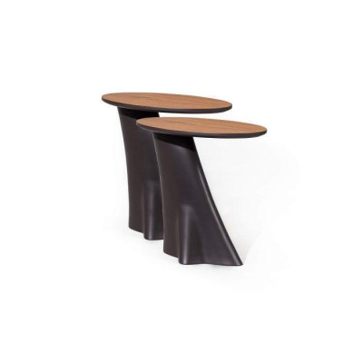 2 mesitas auxiliares con tapa de madera en color negro para sala de estar moderna