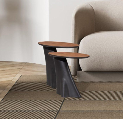 2 mesitas auxiliares con tapa de madera en color negro para sala de estar moderna