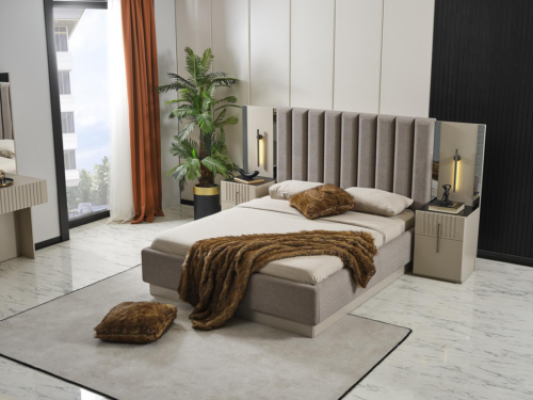 Conjunto de dormitorio moderno, cama doble de diseño, 2 exclusivas mesitas de noche