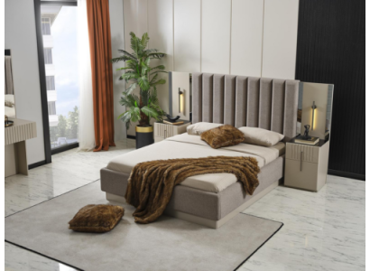 Conjunto de dormitorio moderno, cama doble de diseño, 2 exclusivas mesitas de noche