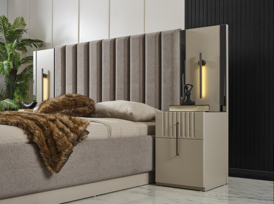 Conjunto de dormitorio moderno, cama doble de diseño, 2 exclusivas mesitas de noche