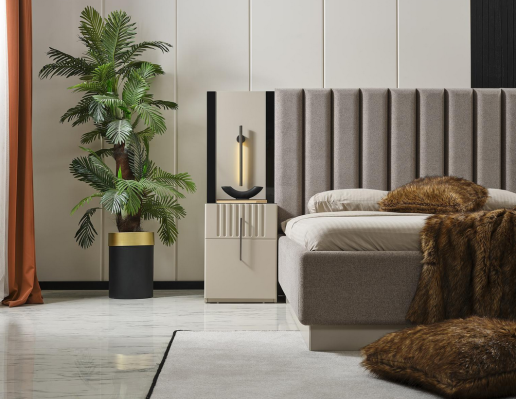 Conjunto de dormitorio moderno, cama doble de diseño, 2 exclusivas mesitas de noche