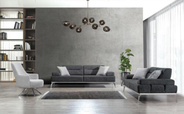 Conjunto de sala de estar 3 piezas 2x sofá de 3 plazas gris con sillón blanco diseño moderno textil