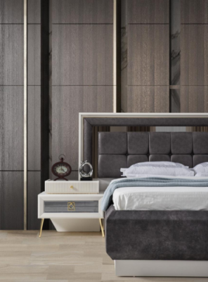 Elegante mesa de noche de acero inoxidable para dormitorio. Muebles modernos.