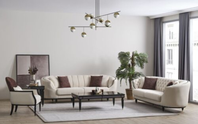 Sala de estar blanca Set de sofá 3+3+1 Mesa de centro Mesita auxiliar de 5 piezas.